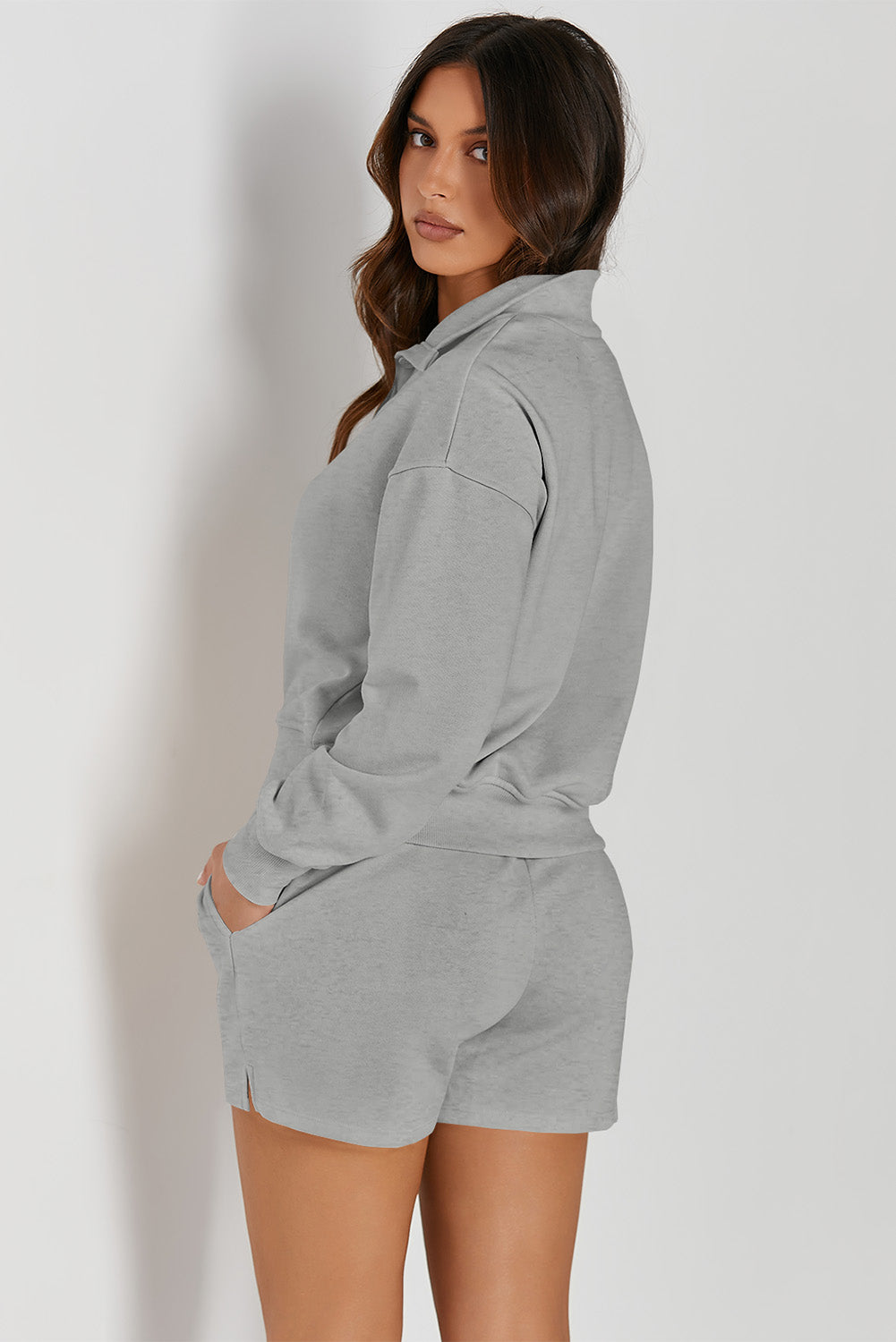 Half Button Sweatshirt and Shorts  Set