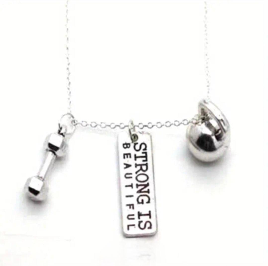 'Strong is Beautiful' charm necklace with dumbbell - the perfect gift for fit girls!